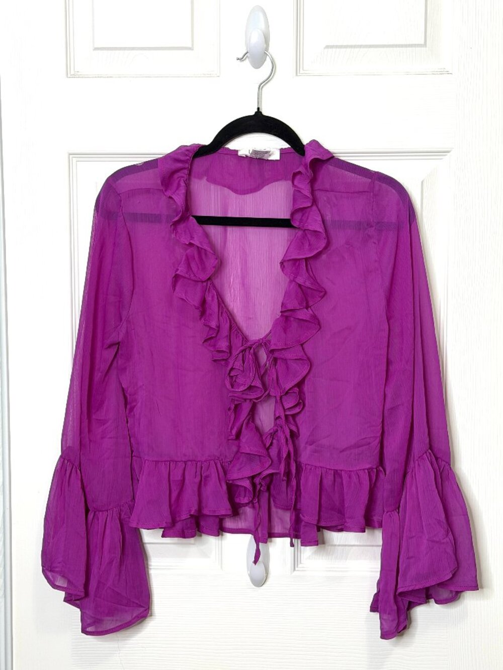 Sheer Purple Ruffle Y2K Chiffon Bell Sleeve Shrug- Women's L